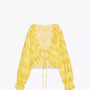 Zara Yellow Ruffle Lace Tie-Front Blouse